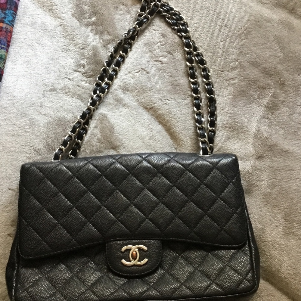 Black Quilted Leather Shoulder Bag with Silver-Tone Chain